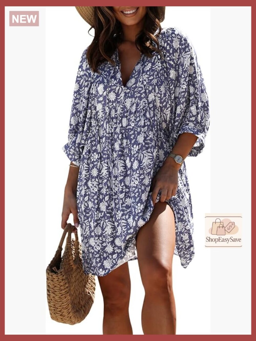 V-Neck Bohemian Floral Mini Dress with Puff Sleeves and Ruffle Hem